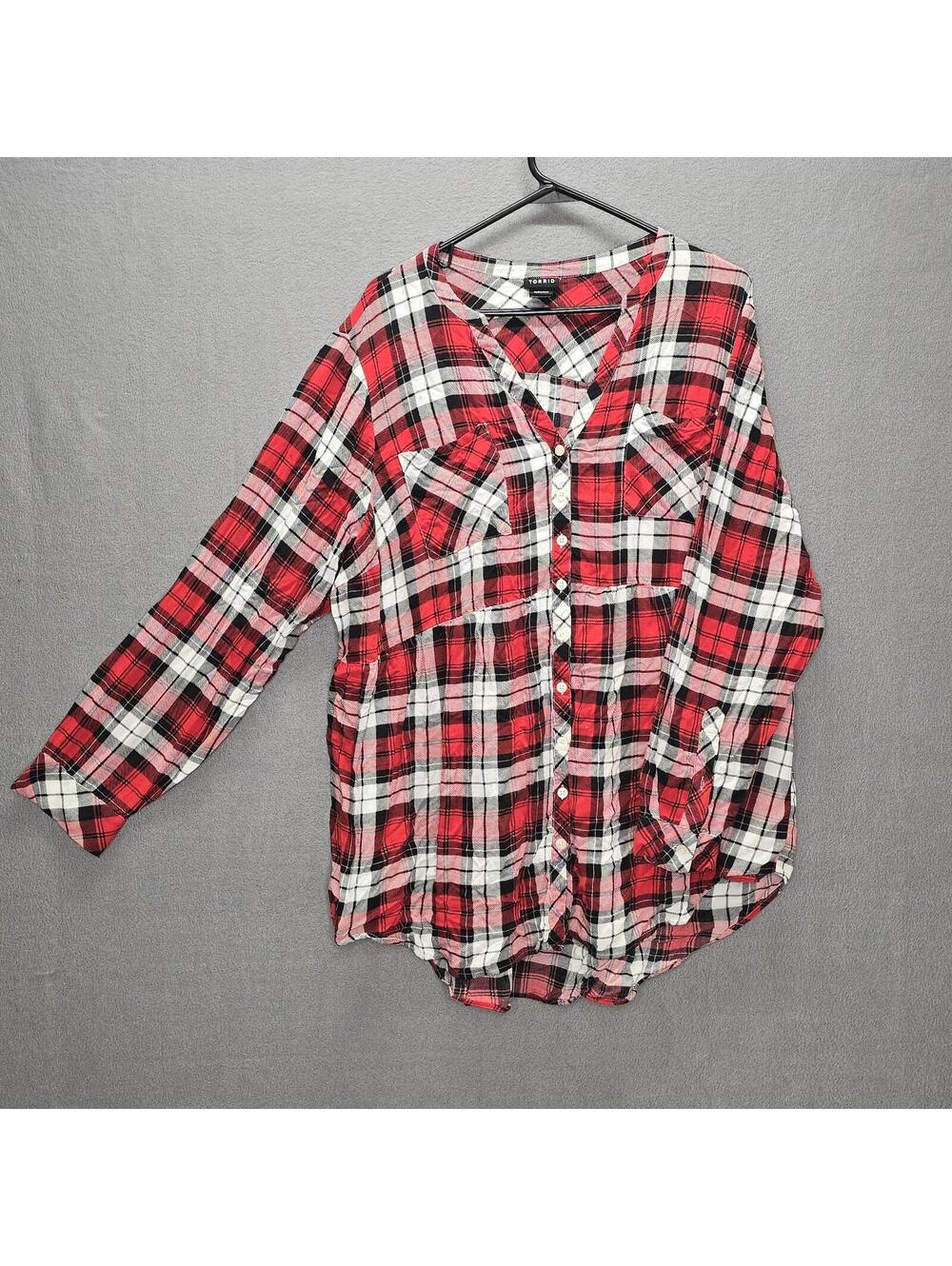 Torrid Red Black Plaid Babydoll Tunic Shirt Size 3 Button Up Flannel Style